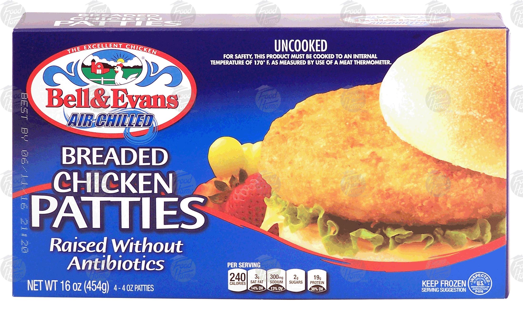 Bell & Evans Air Chilled uncooked breaded chicken patties, raised without antibiotics, 4-4 oz patties Full-Size Picture